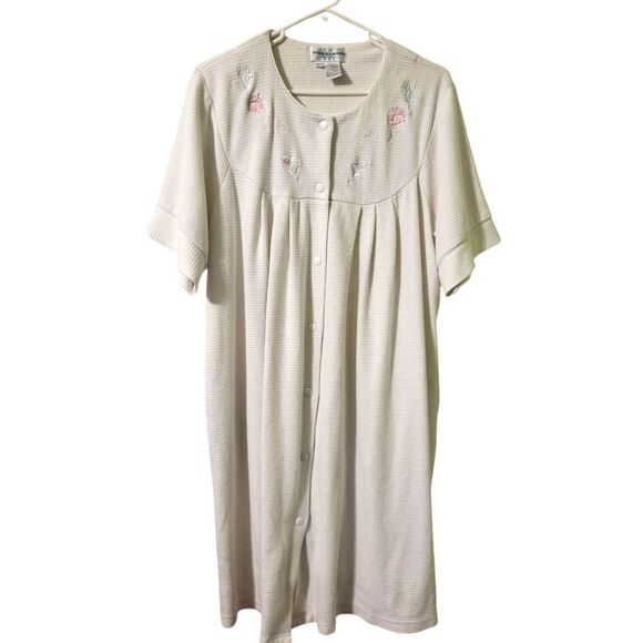 Miss Elaine Intimates White Pink Floral  Snap Up Front Midi House Coat Robe, L - Picture 1 of 11